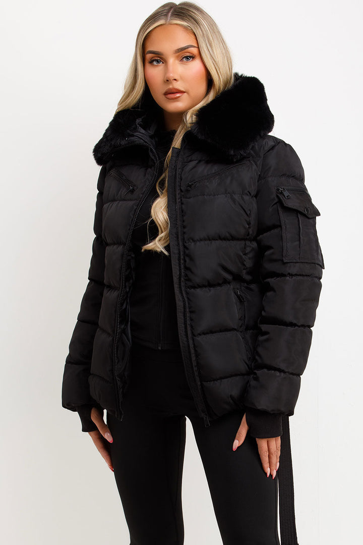 Jaylen | Women’s belted puffer jacket with faux fur hood