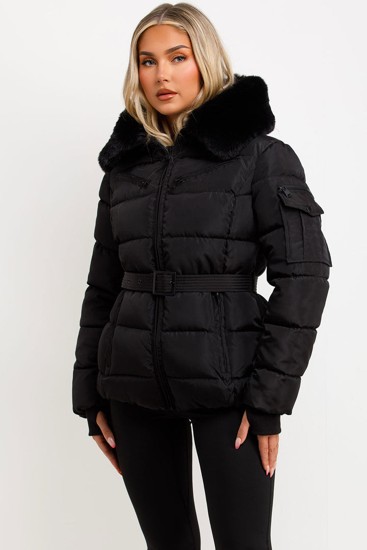 Jaylen | Women’s belted puffer jacket with faux fur hood