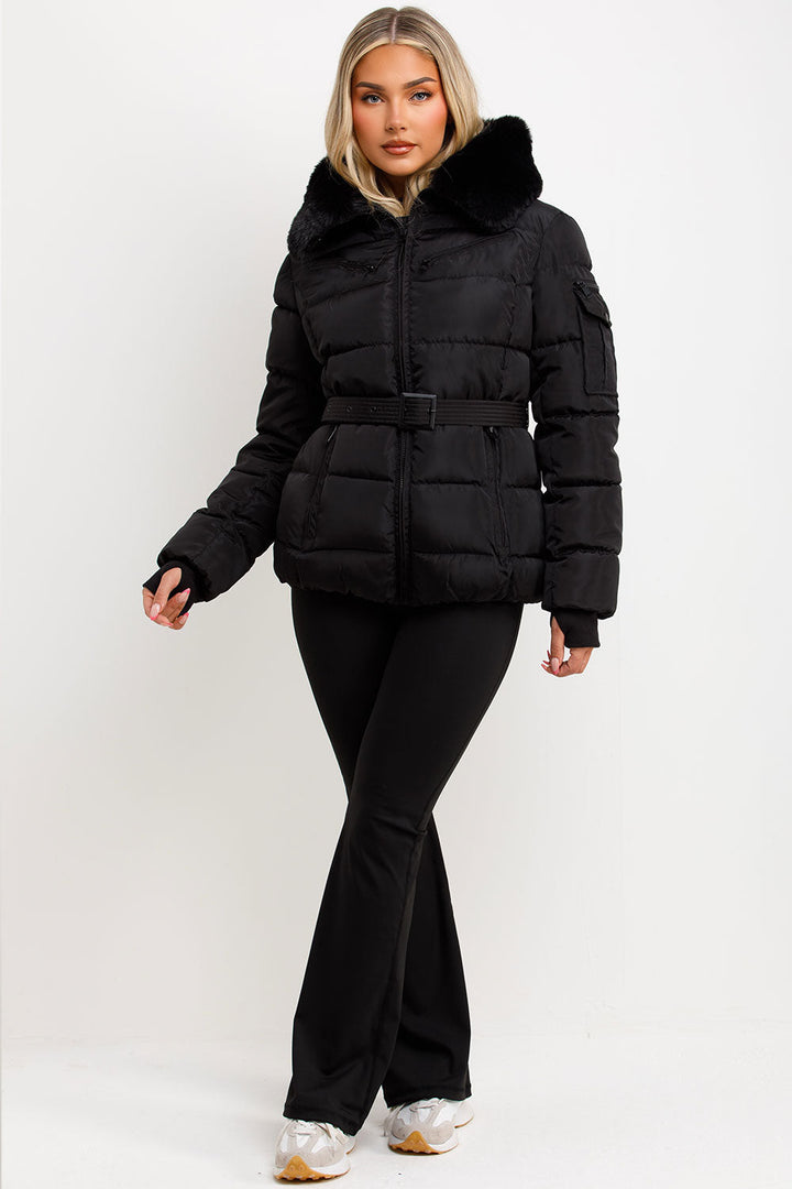 Jaylen | Women’s belted puffer jacket with faux fur hood