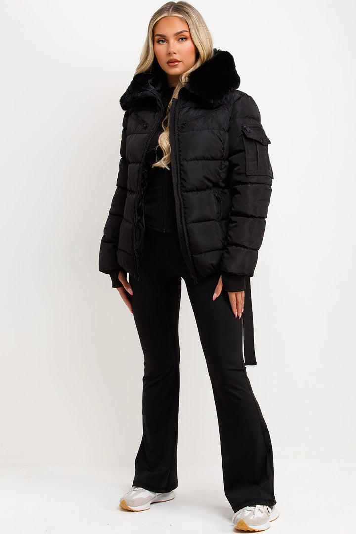 Jaylen | Women’s belted puffer jacket with faux fur hood