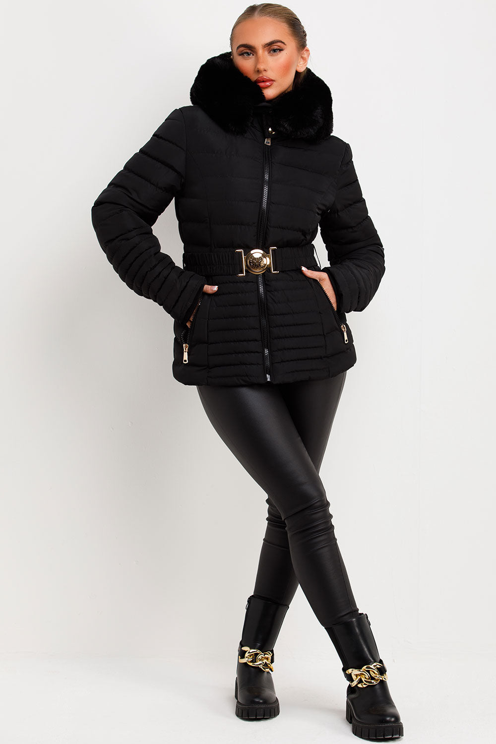 Kahlani | Women’s padded puffer jacket with faux fur hood and belt