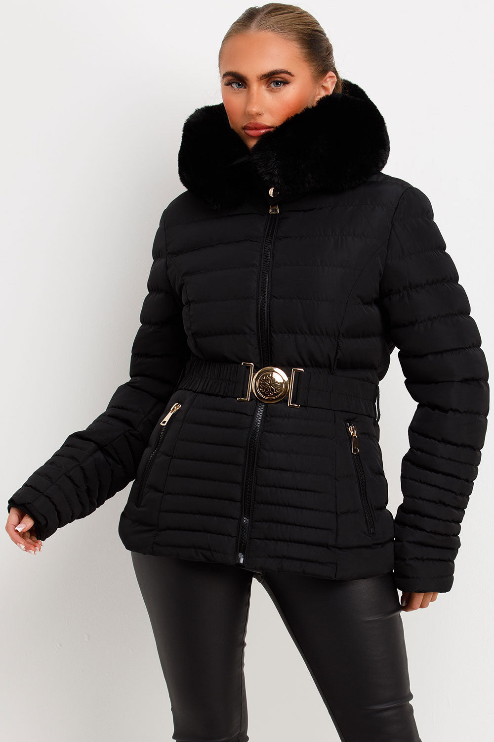 Kahlani | Women’s padded puffer jacket with faux fur hood and belt