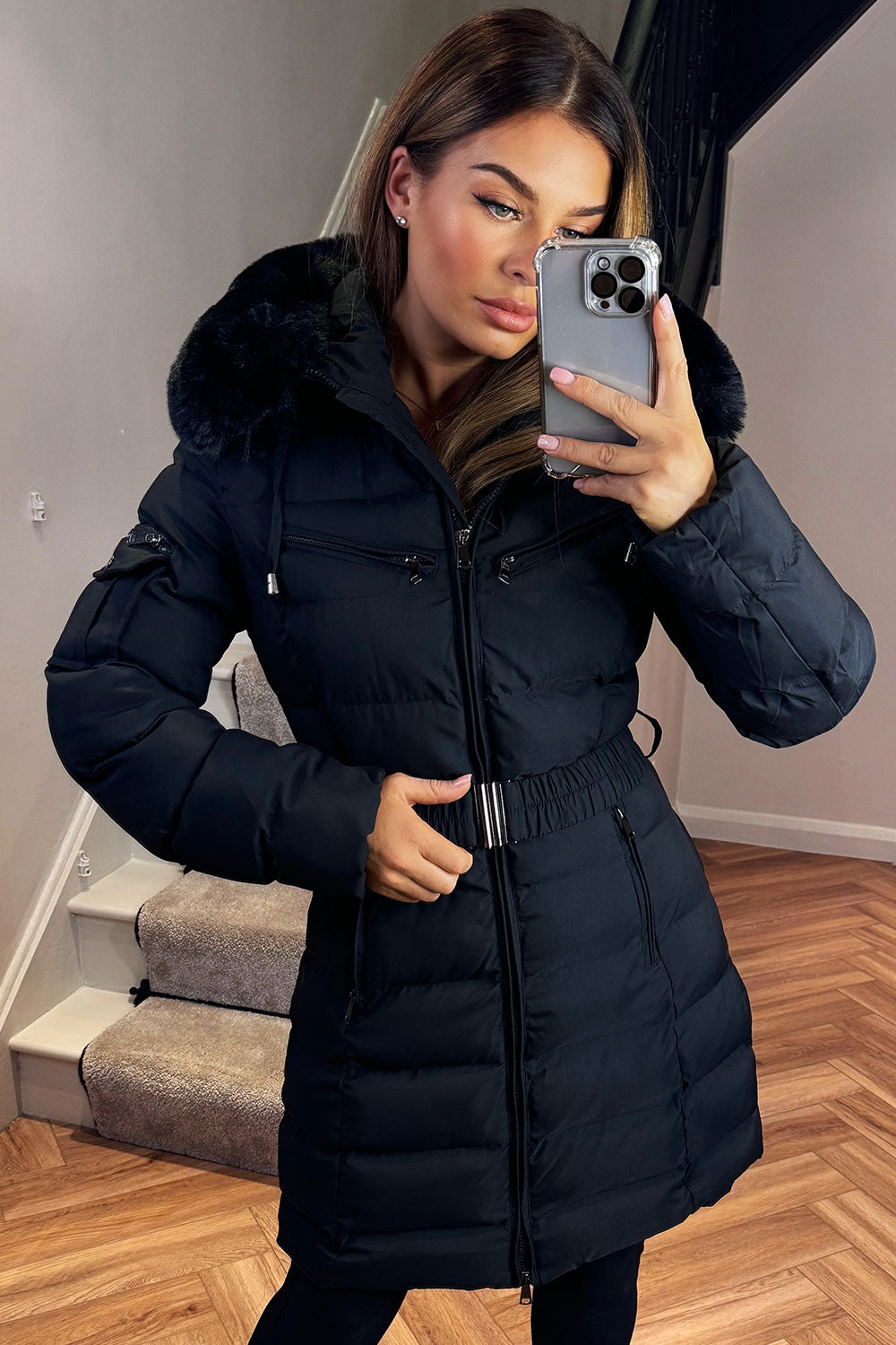 Khloe | Women’s long puffer coat with faux fur hood