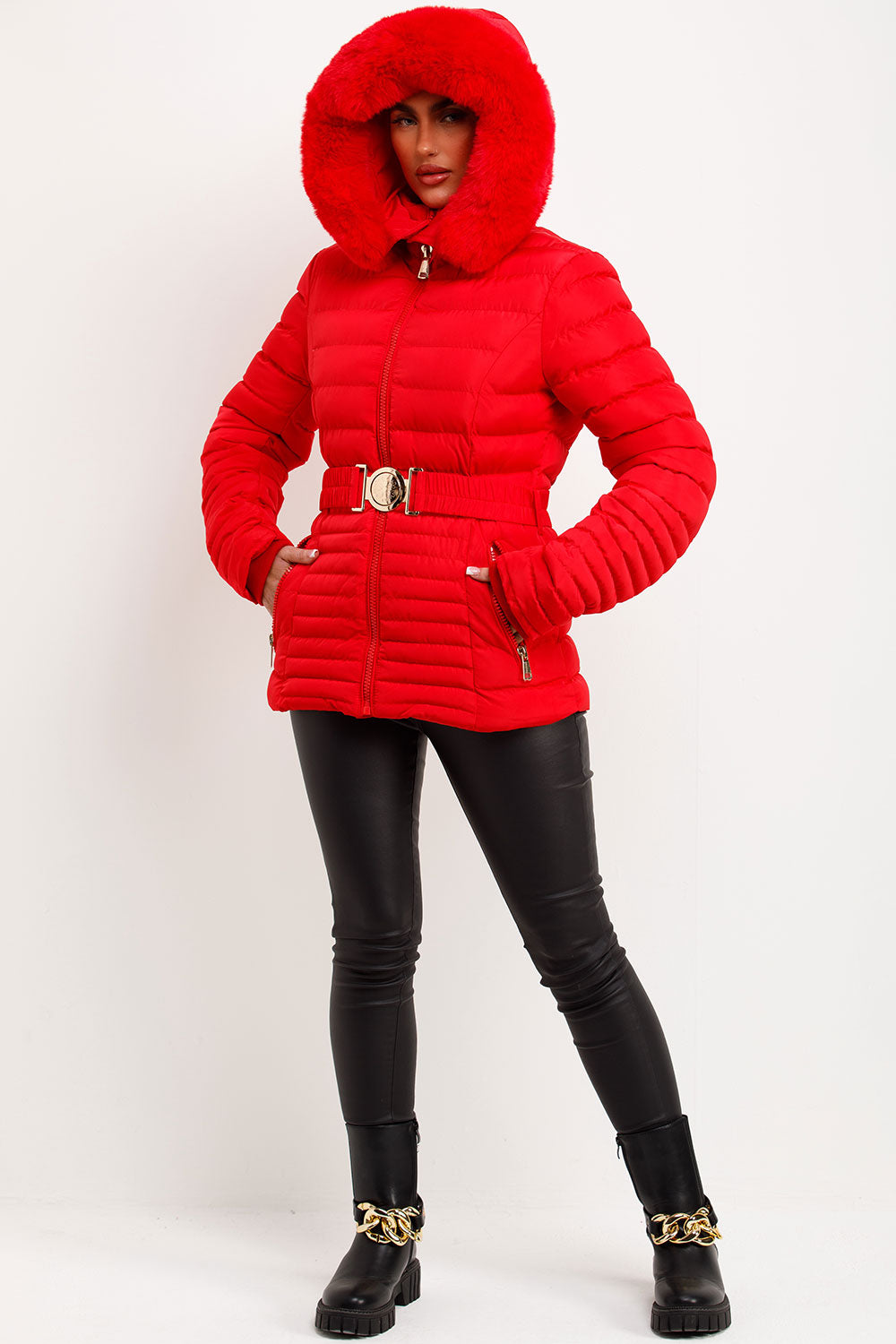 Eleanore | Women’s belted puffer jacket with faux fur hood