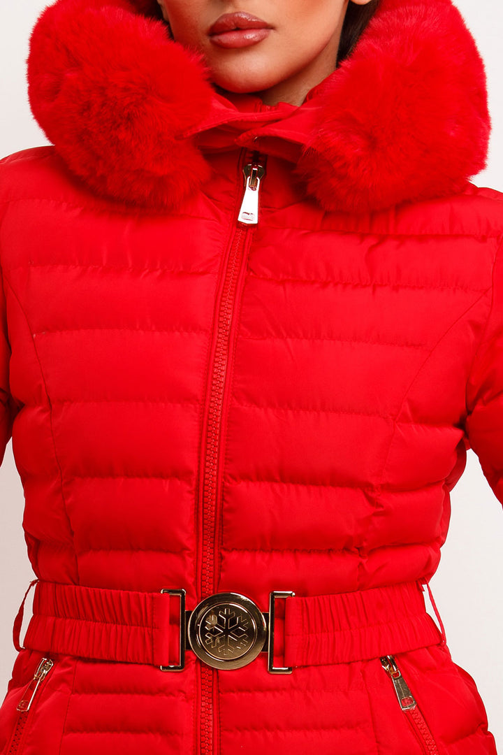 Eleanore | Women’s belted puffer jacket with faux fur hood