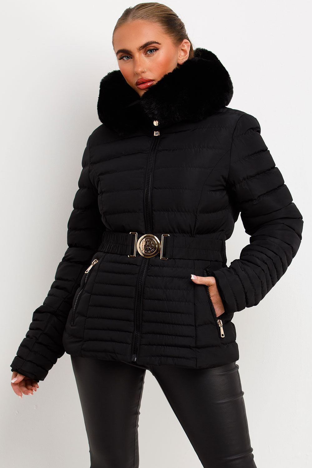 Kahlani | Women’s padded puffer jacket with faux fur hood and belt