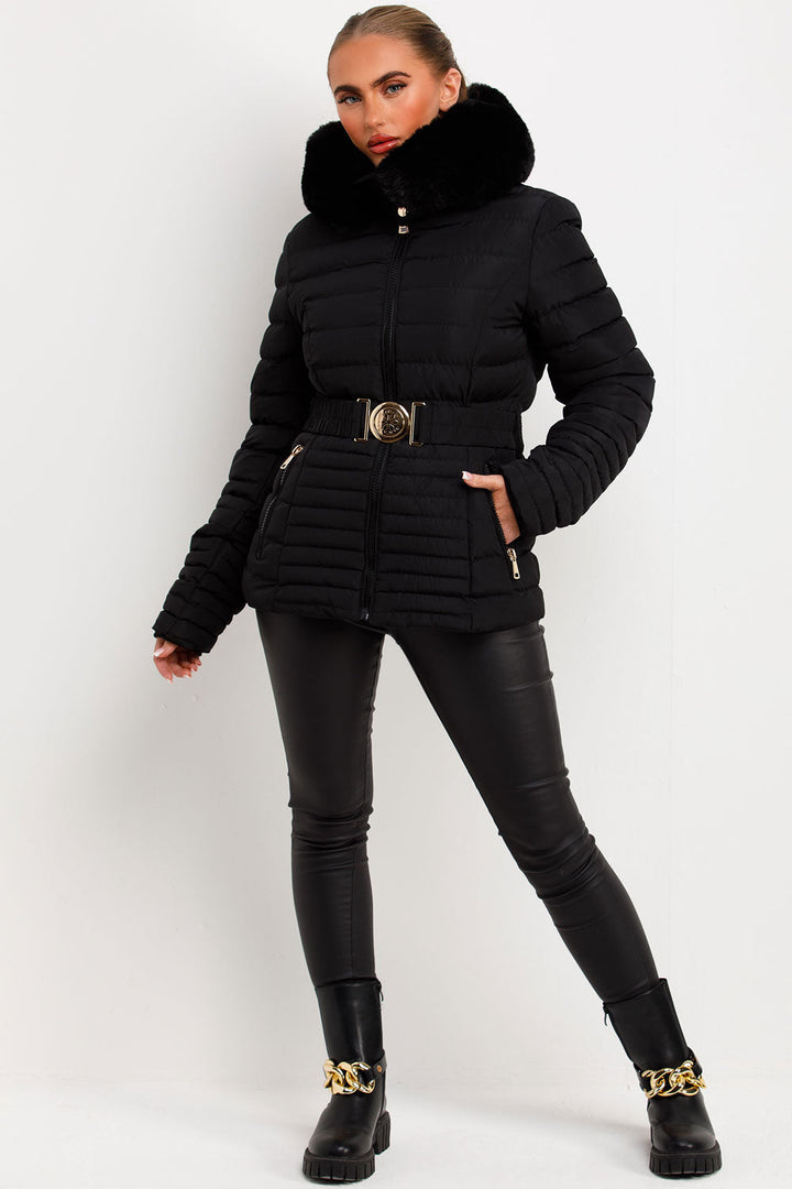 Kahlani | Women’s padded puffer jacket with faux fur hood and belt