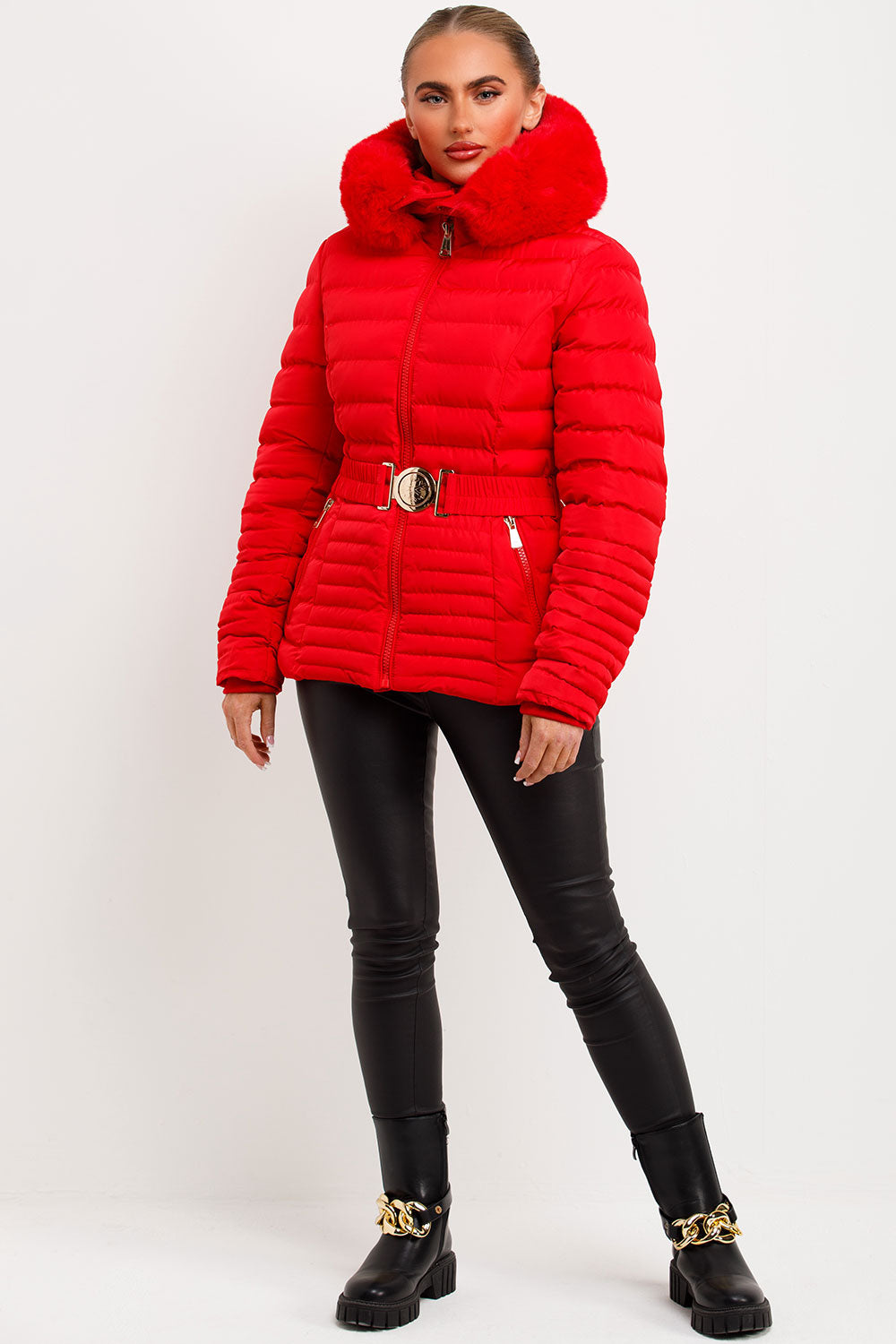 Eleanore | Women’s belted puffer jacket with faux fur hood