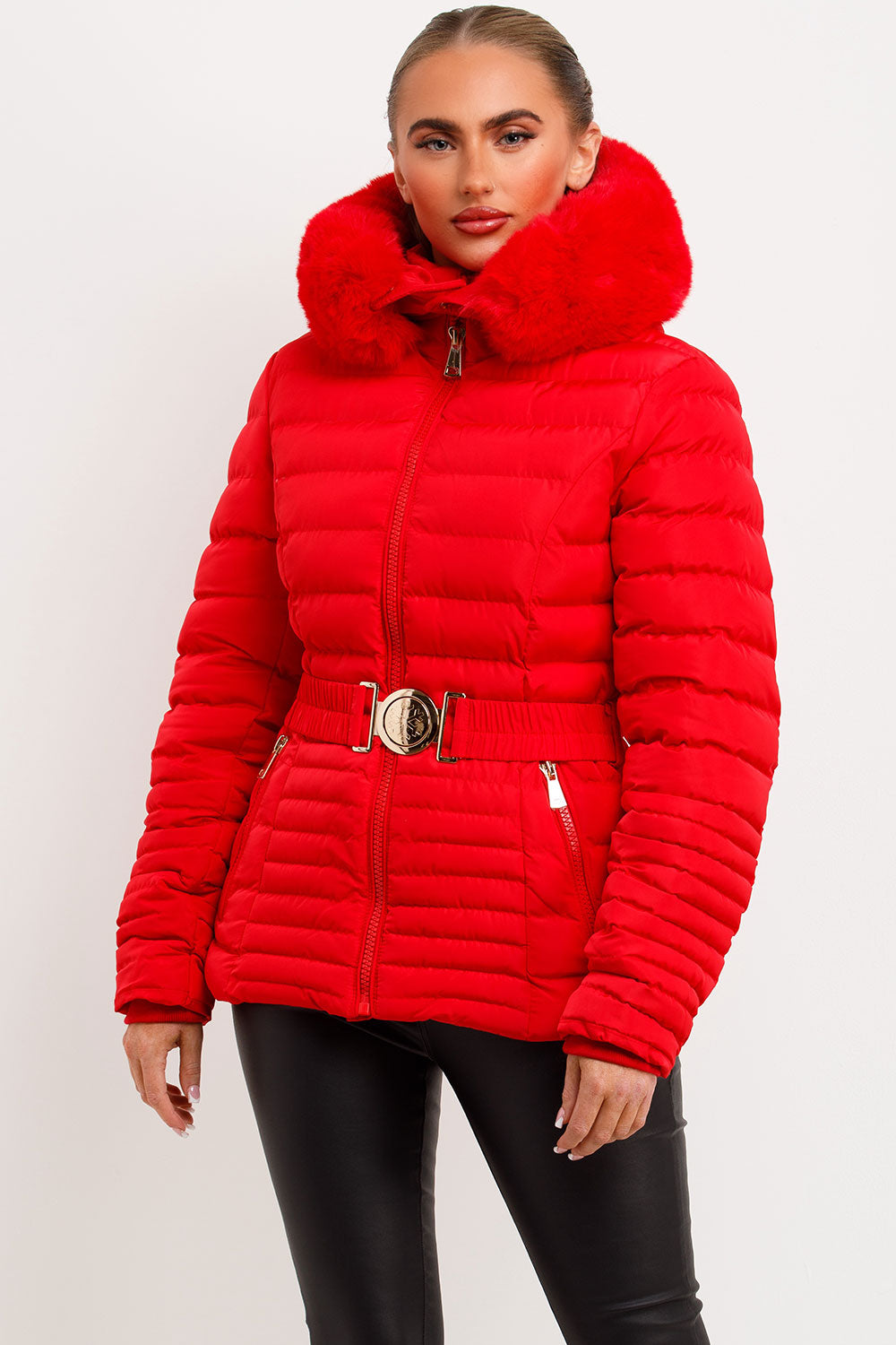 Eleanore | Women’s belted puffer jacket with faux fur hood