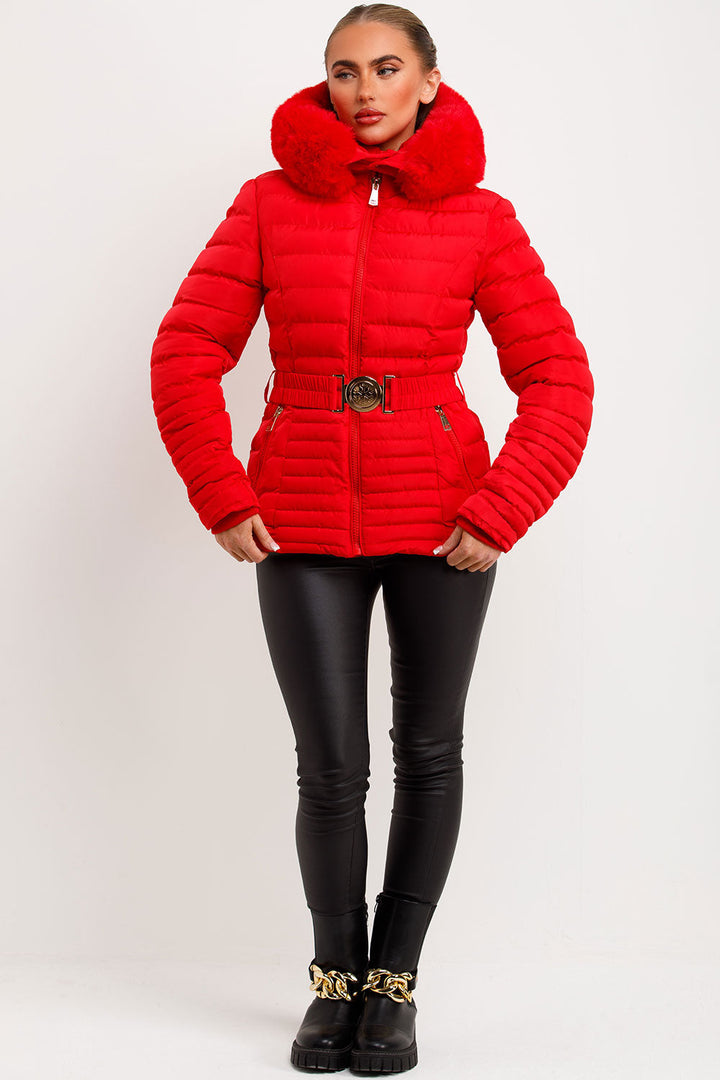 Eleanore | Women’s belted puffer jacket with faux fur hood
