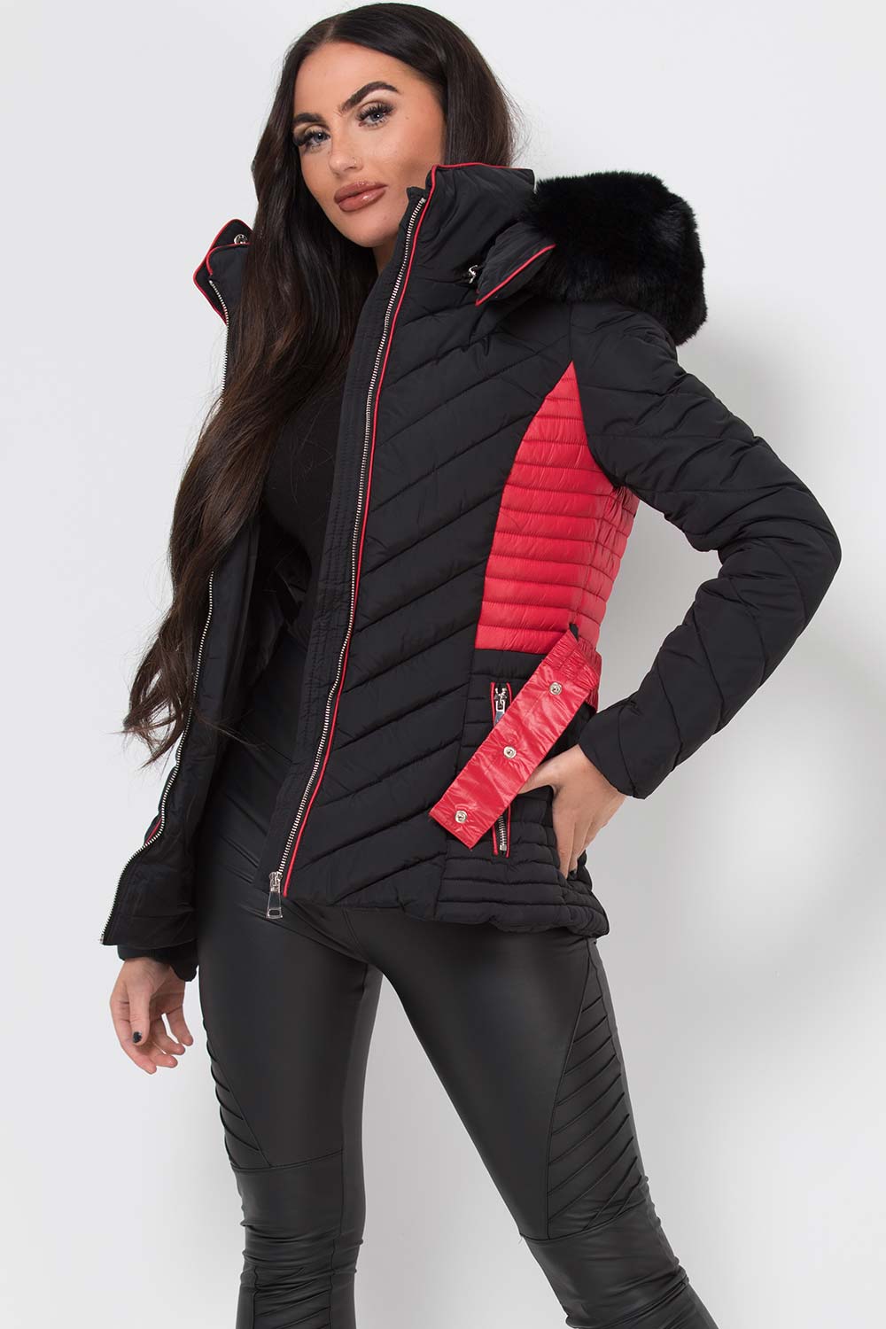 Avayah | Women’s puffer jacket with faux fur hood and belt