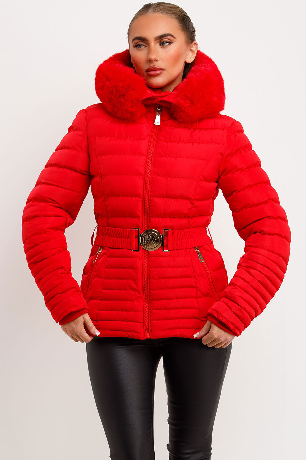 Eleanore | Women’s belted puffer jacket with faux fur hood
