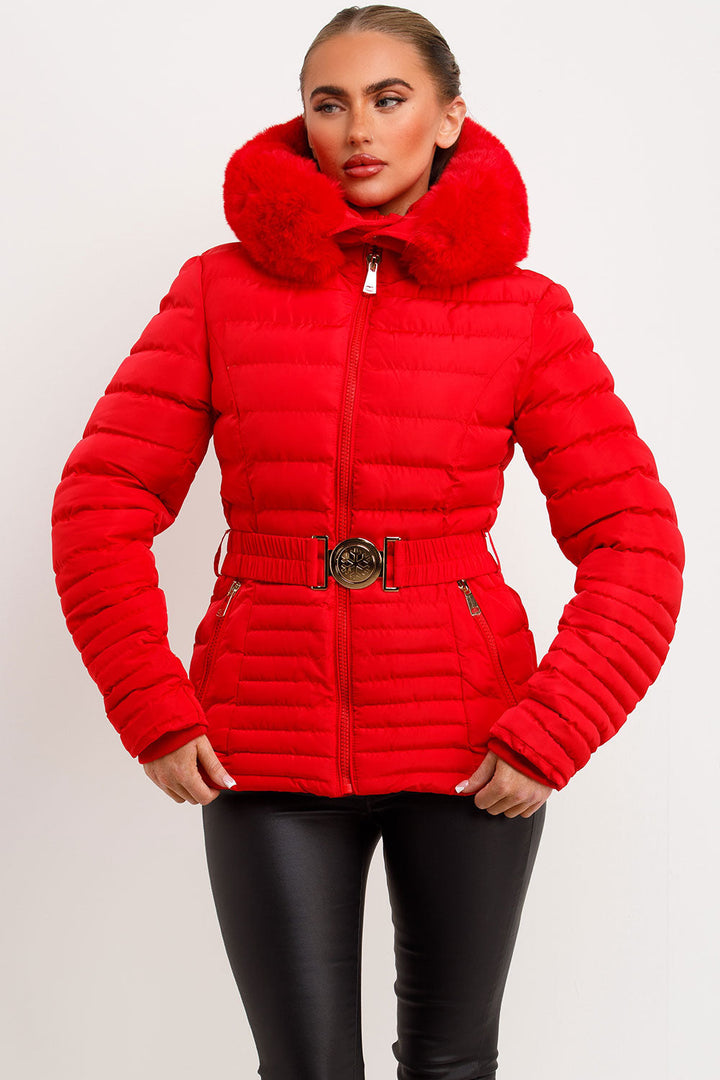 Eleanore | Women’s belted puffer jacket with faux fur hood
