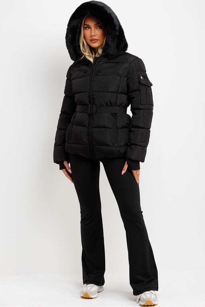 Jaylen | Women’s belted puffer jacket with faux fur hood
