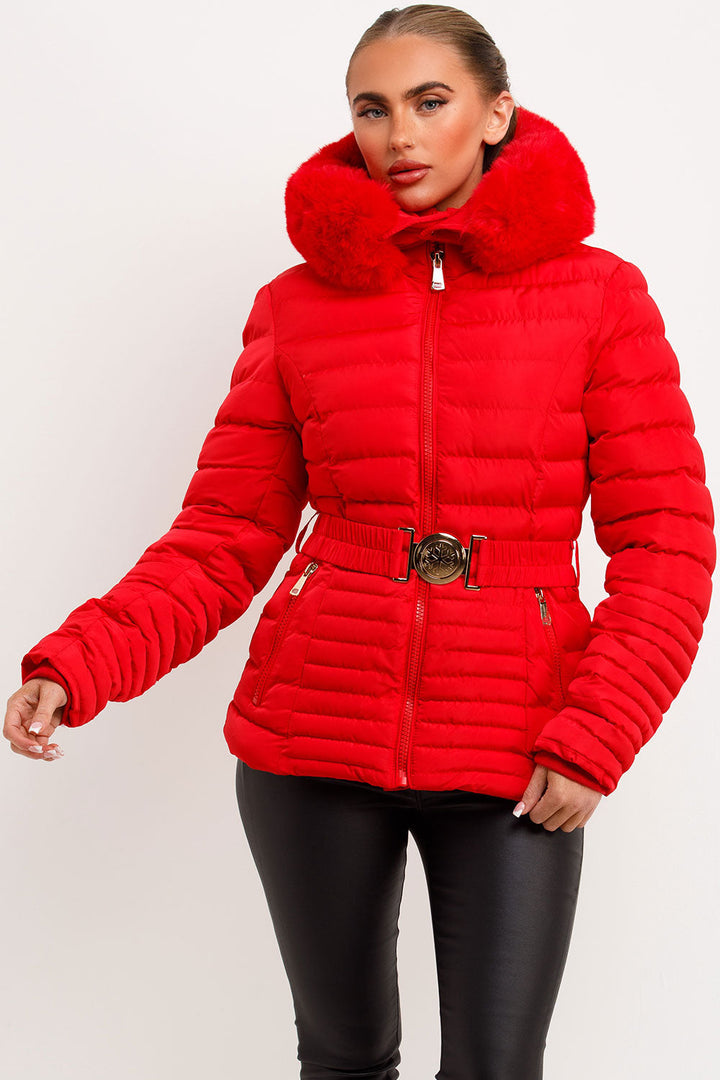 Eleanore | Women’s belted puffer jacket with faux fur hood