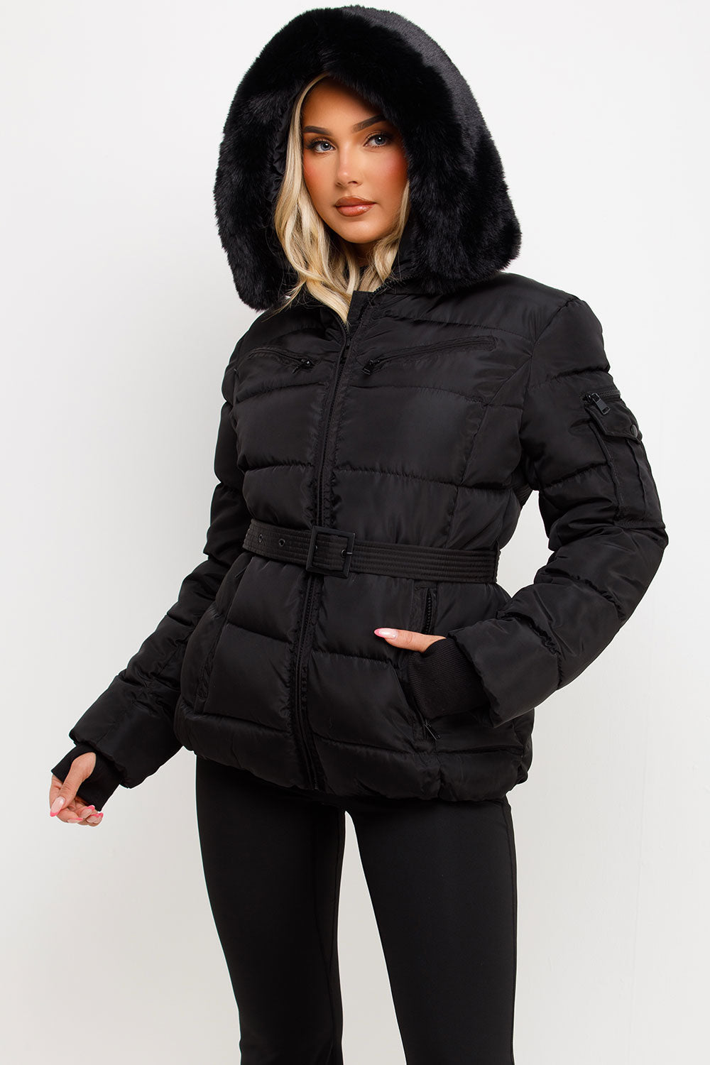 Jaylen | Women’s belted puffer jacket with faux fur hood