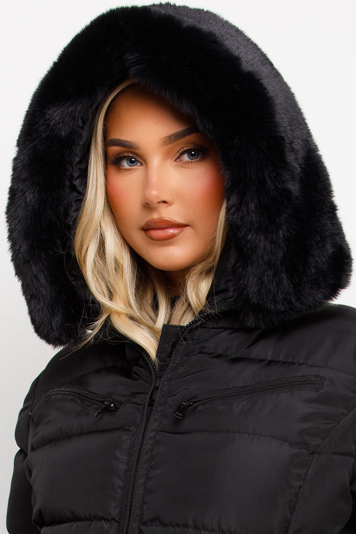 Jaylen | Women’s belted puffer jacket with faux fur hood