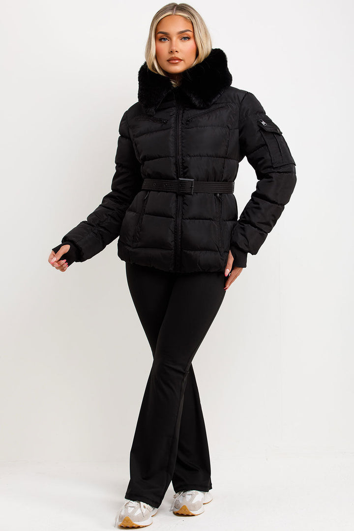 Jaylen | Women’s belted puffer jacket with faux fur hood