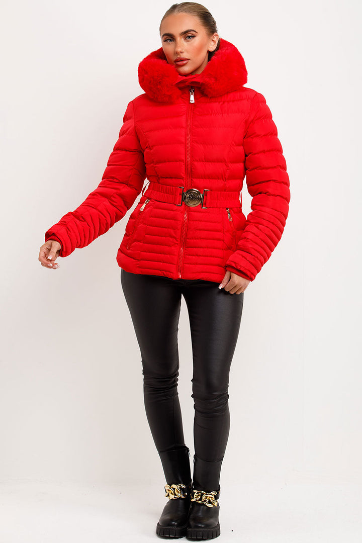 Eleanore | Women’s belted puffer jacket with faux fur hood