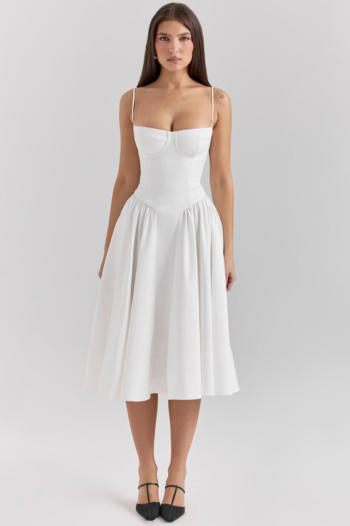 Clara | Corset midi dress with spaghetti straps and flared skirt
