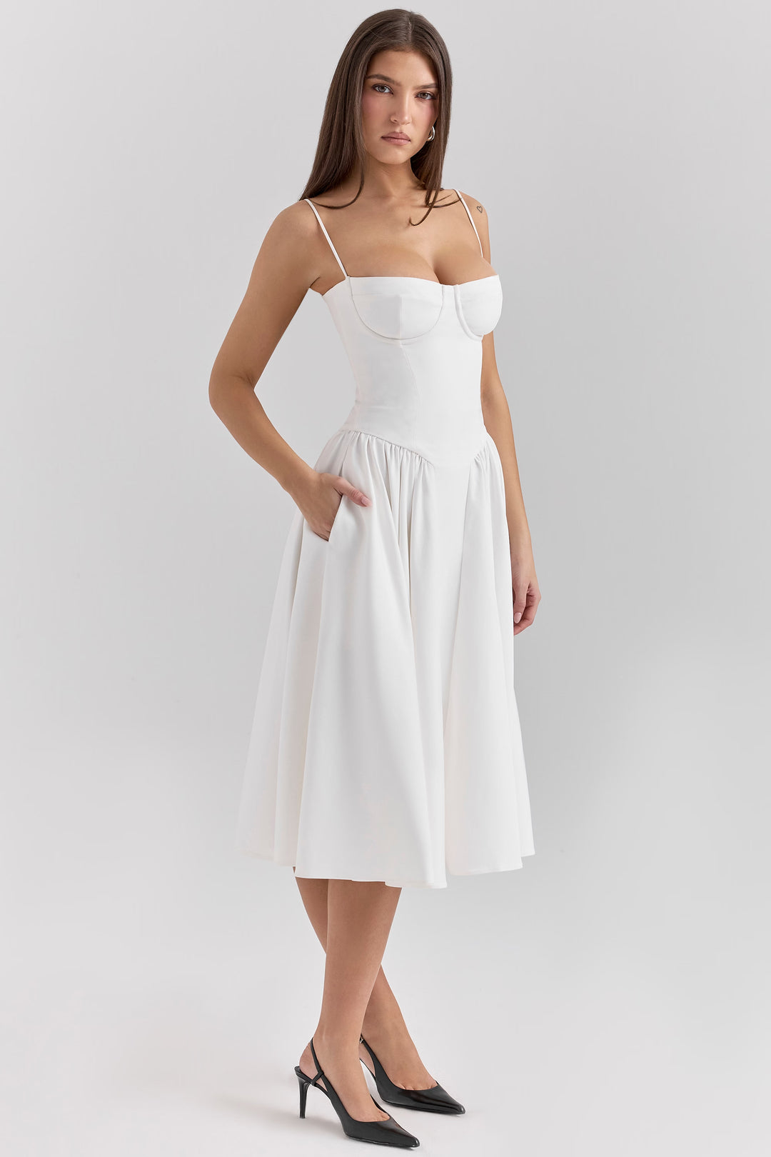 Clara | Corset midi dress with spaghetti straps and flared skirt