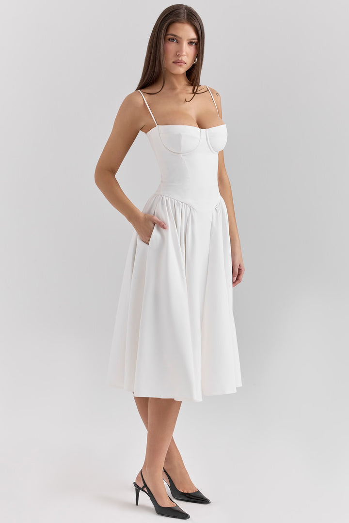 Clara | Corset midi dress with spaghetti straps and flared skirt