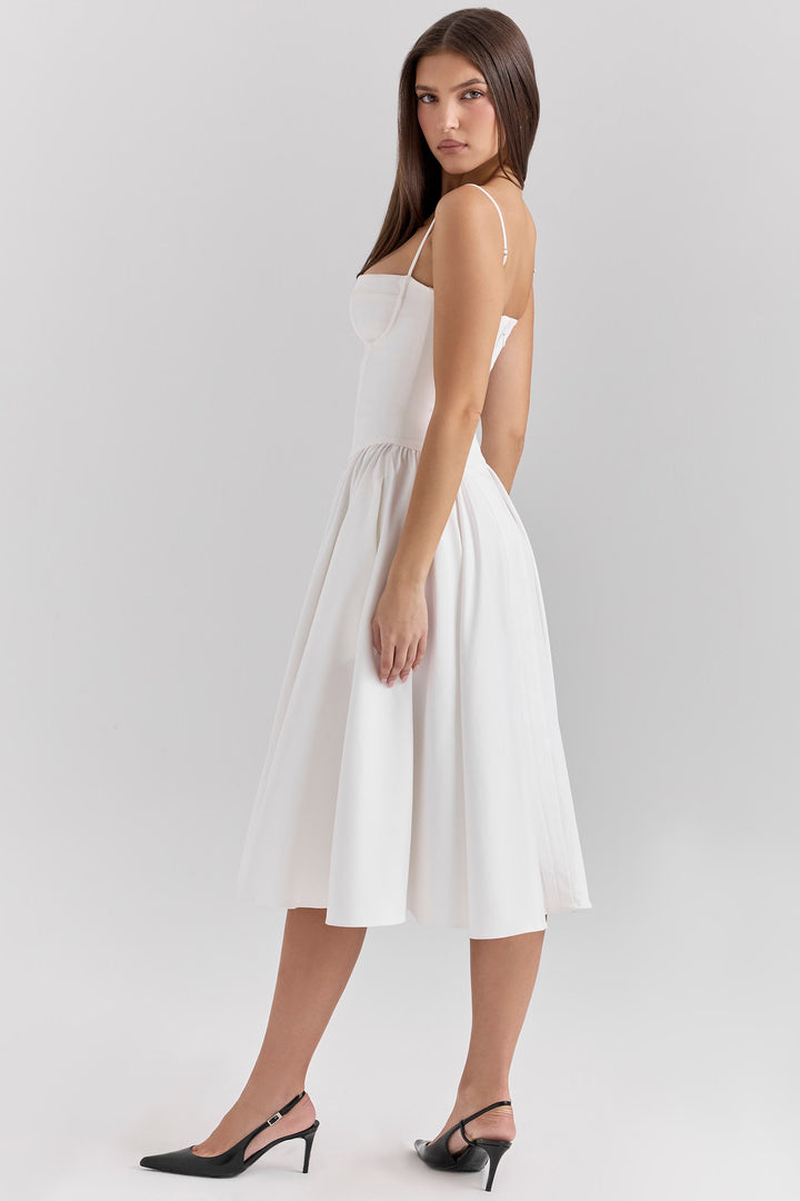 Clara | Corset midi dress with spaghetti straps and flared skirt
