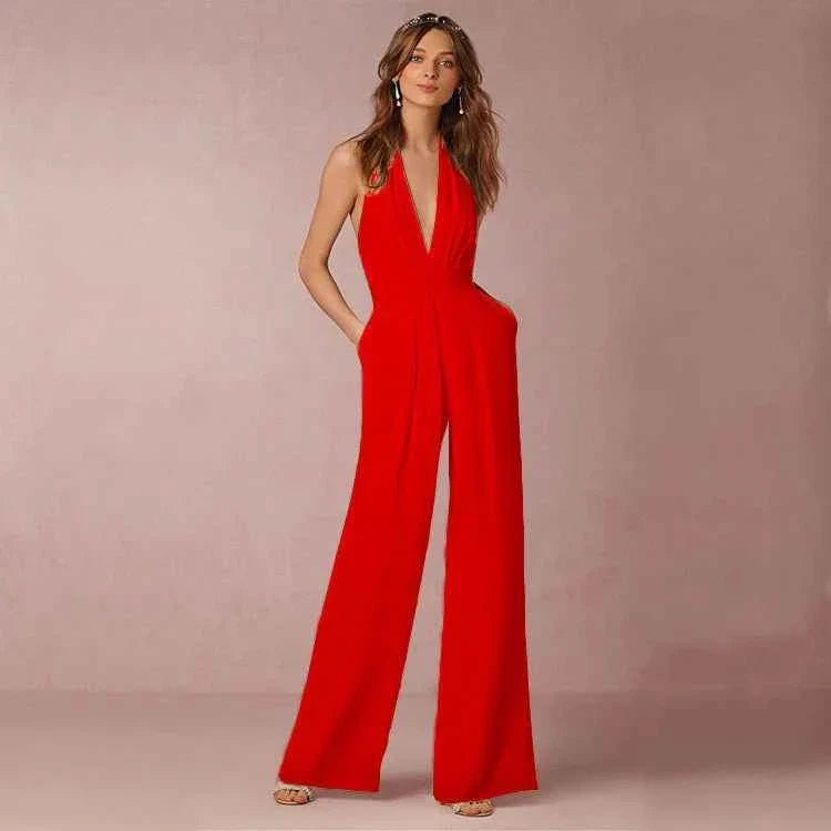 Elodie | Women's backless halterneck jumpsuit with pleated front and wide leg