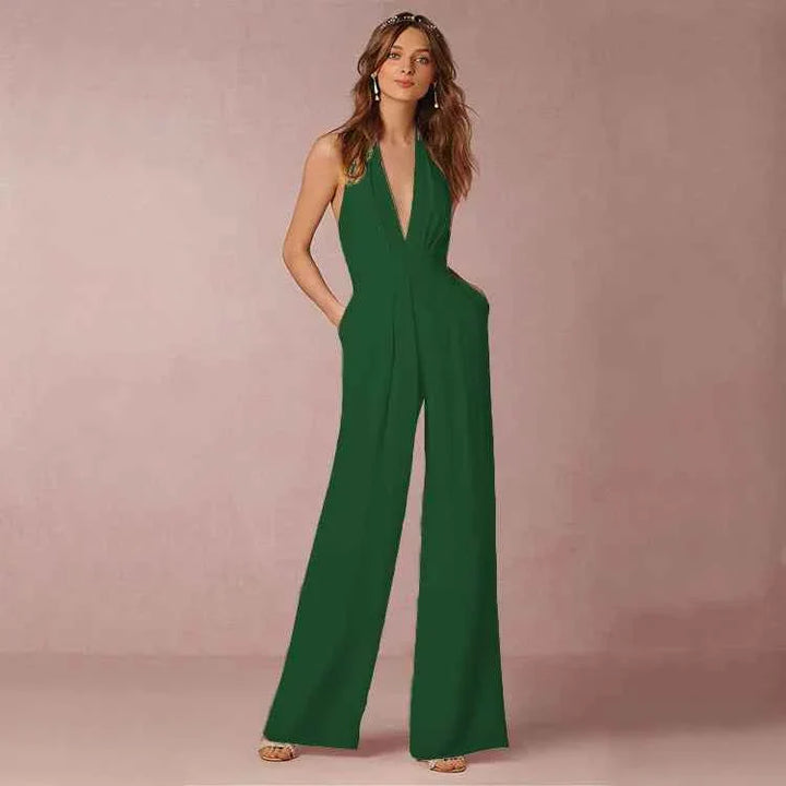 Elodie | Women's backless halterneck jumpsuit with pleated front and wide leg
