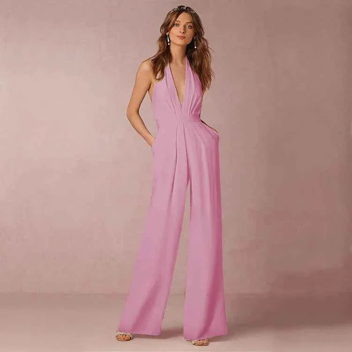 Elodie | Women's backless halterneck jumpsuit with pleated front and wide leg