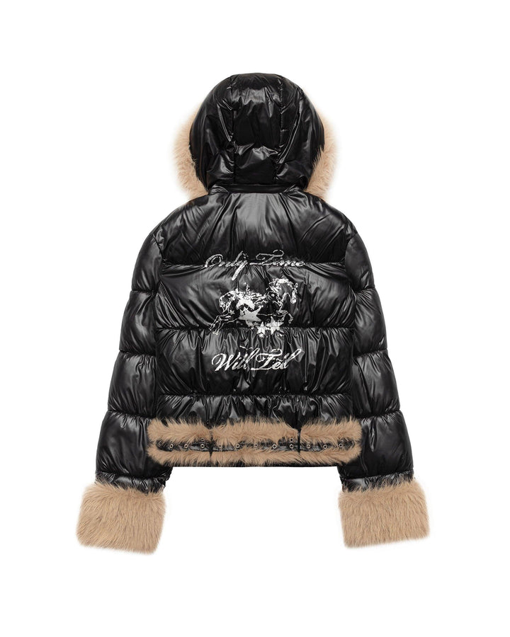 Indira | Women’s slim-fit shiny puffer jacket with detachable faux fur parts