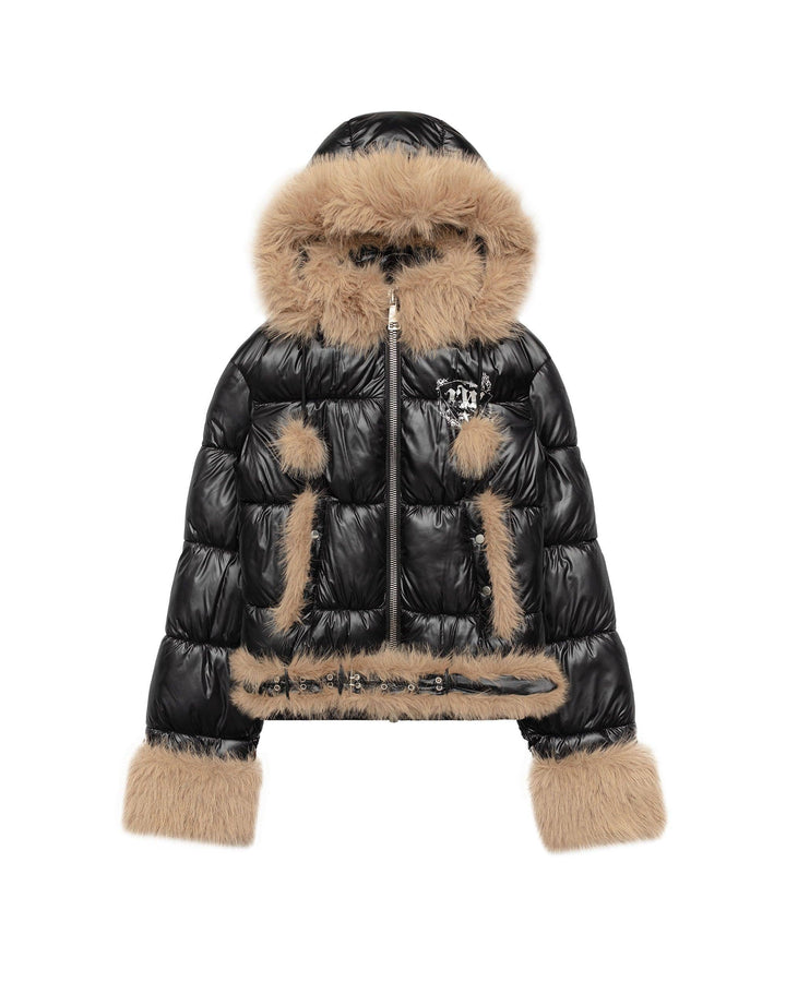 Indira | Women’s slim-fit shiny puffer jacket with detachable faux fur parts