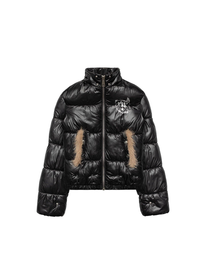 Indira | Women’s slim-fit shiny puffer jacket with detachable faux fur parts