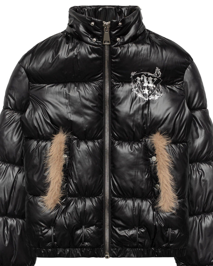 Indira | Women’s slim-fit shiny puffer jacket with detachable faux fur parts