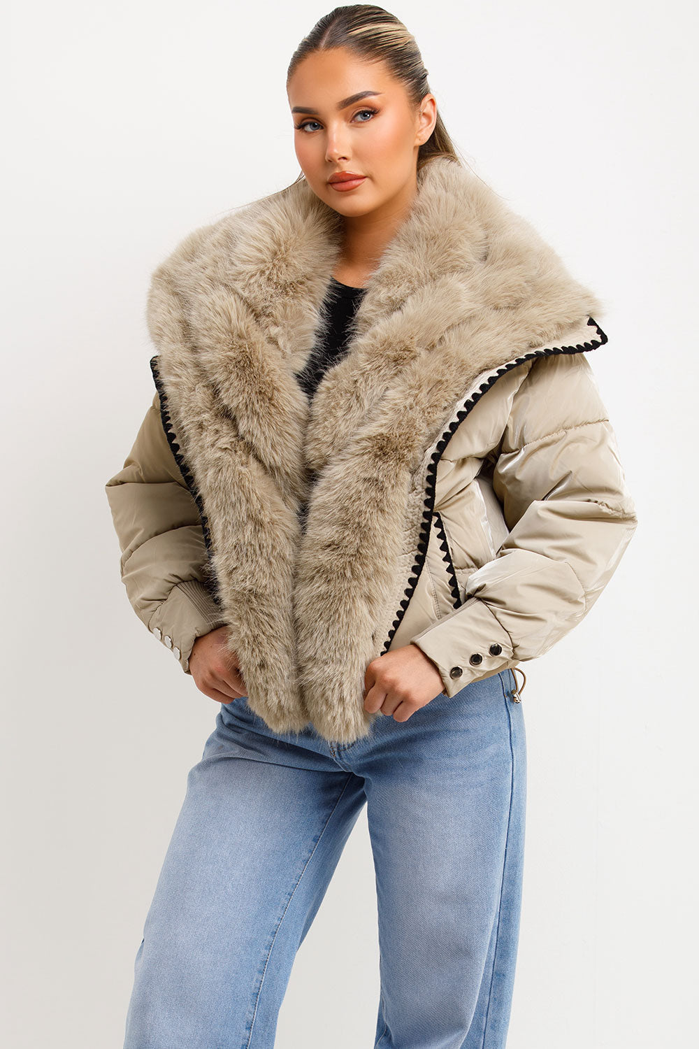Nataly | Women’s faux fur collar puffer jacket with contrast stitch trim