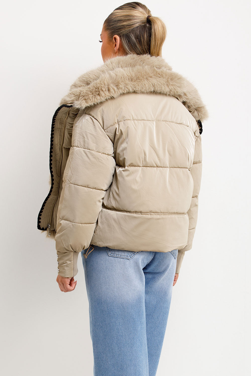 Nataly | Women’s faux fur collar puffer jacket with contrast stitch trim