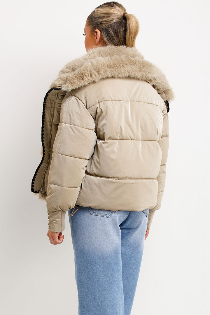 Nataly | Women’s faux fur collar puffer jacket with contrast stitch trim
