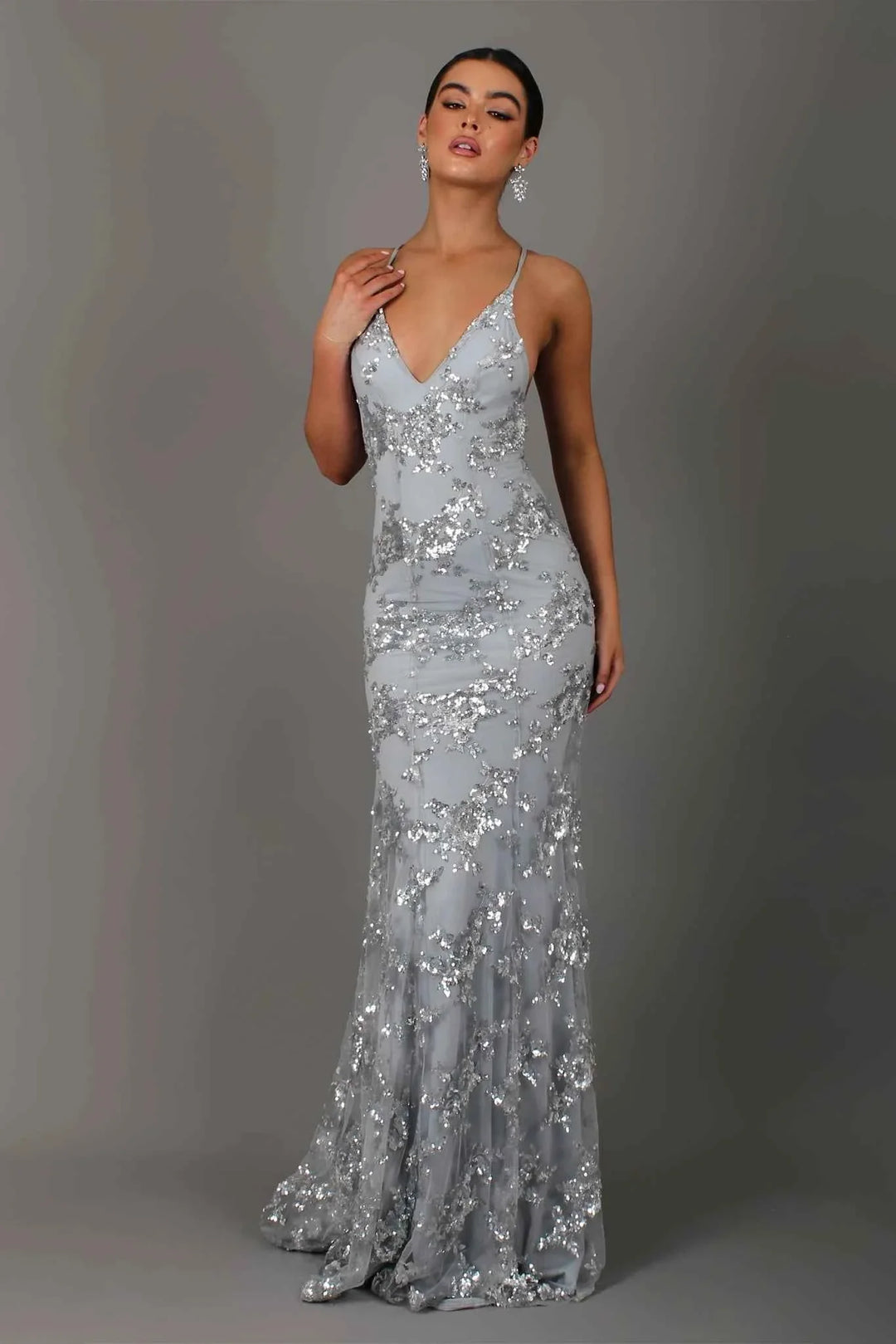 Nora | Women's sequin evening gown with deep back and train