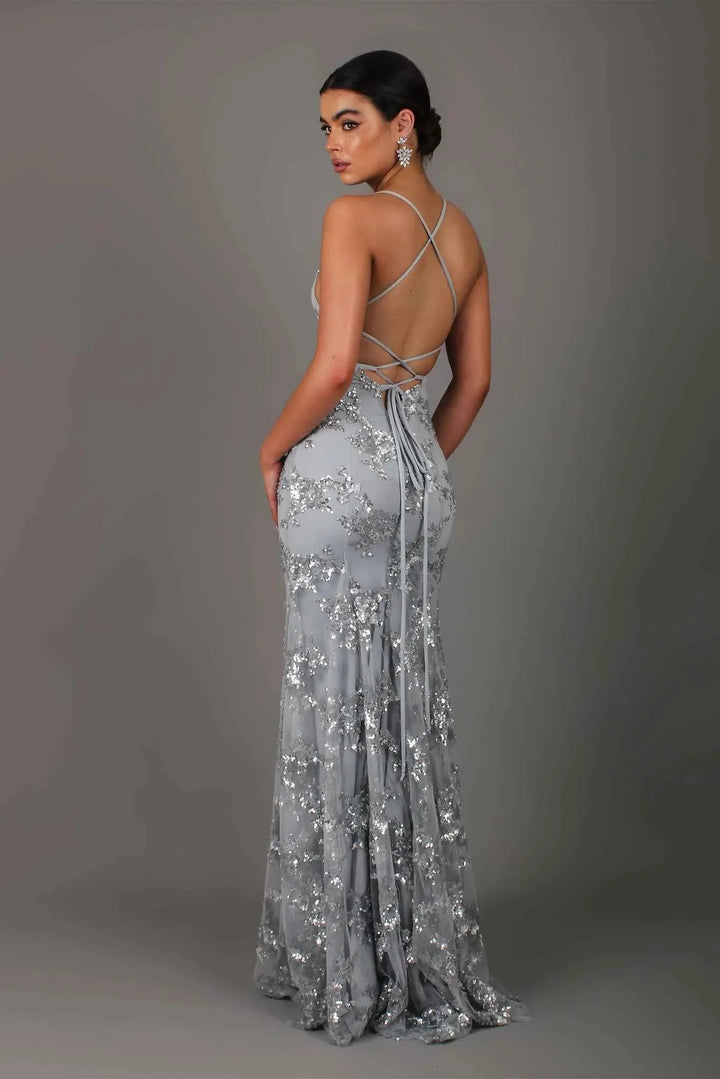 Nora | Women's sequin evening gown with deep back and train