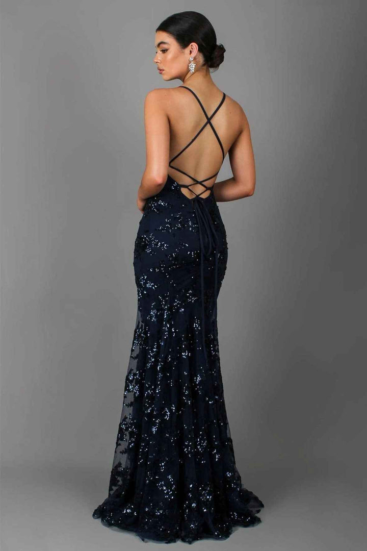 Nora | Women's sequin evening gown with deep back and train