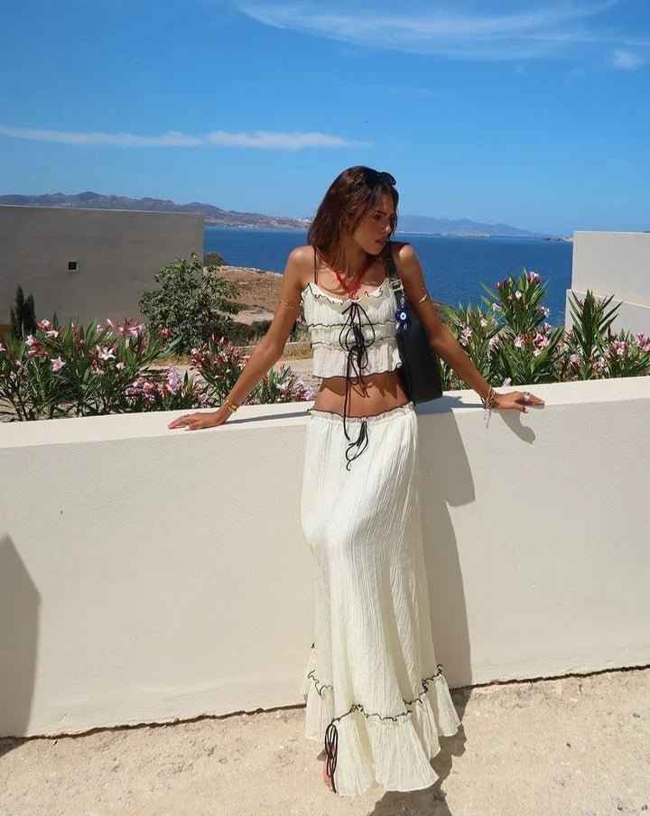 Sofia | Two-piece boho set with ruffles and lace-up details