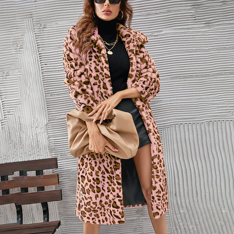 Ivey | Women’s long faux-fur leopard coat with an elegant open-front silhouette