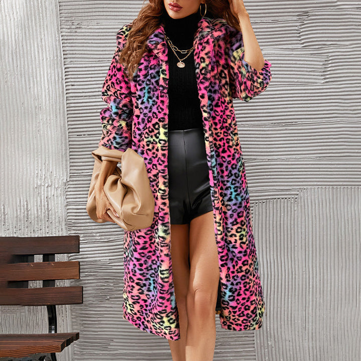 Ivey | Women’s long faux-fur leopard coat with an elegant open-front silhouette
