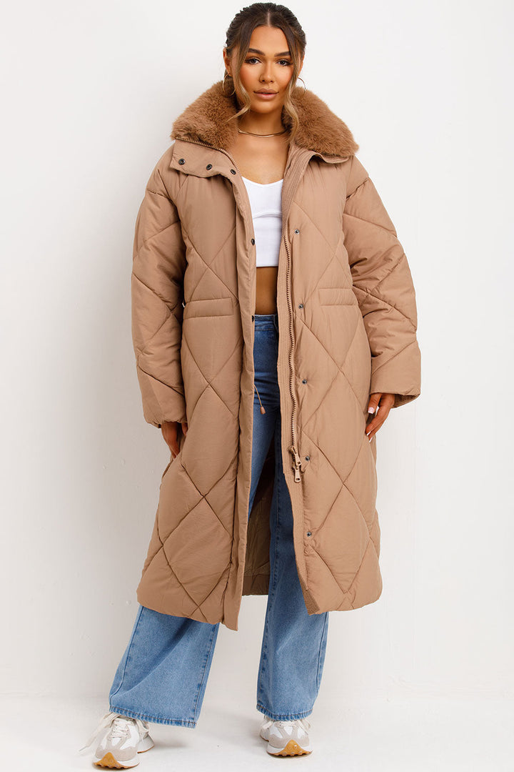 Violette | Women’s long quilted puffer coat with faux fur collar