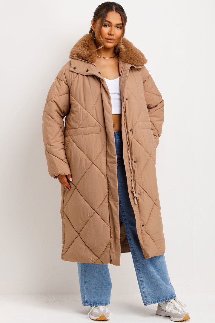 Violette | Women’s long quilted puffer coat with faux fur collar
