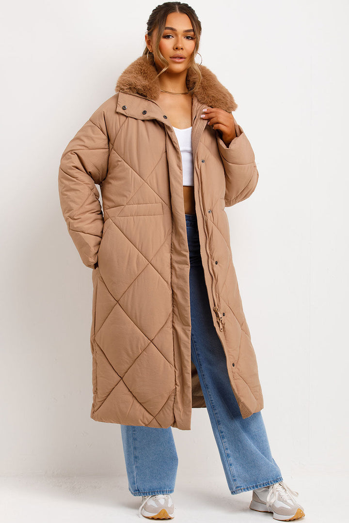Violette | Women’s long quilted puffer coat with faux fur collar