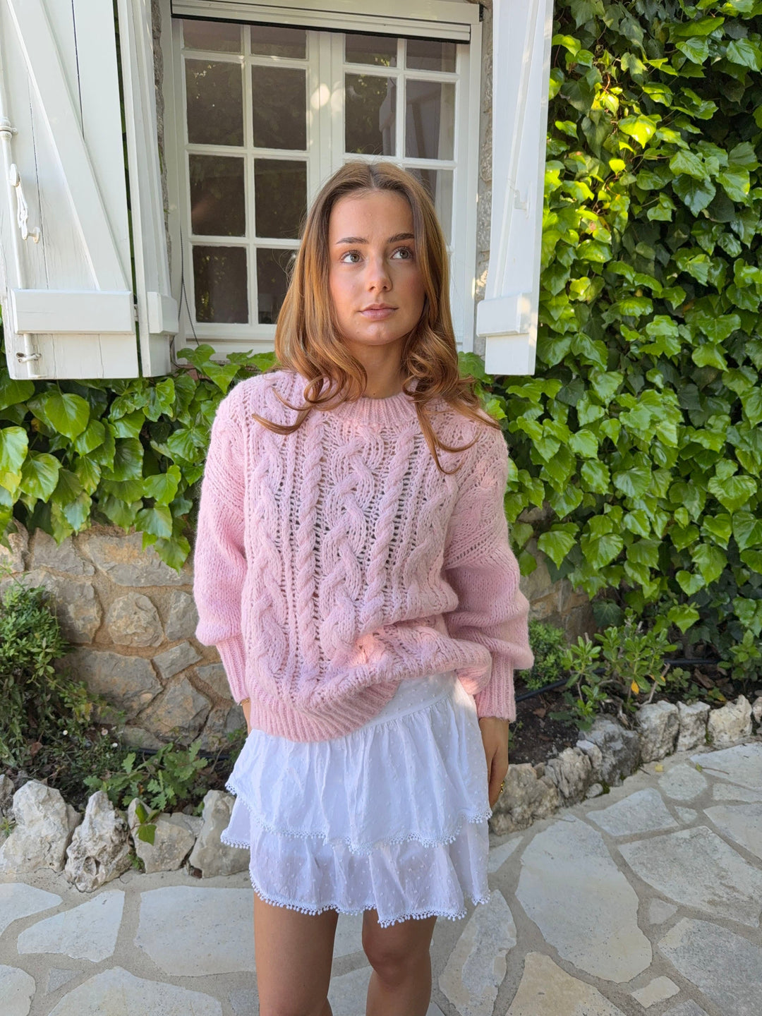 Rafa | Women’s cable knit sweater with balloon sleeves and ribbed hem