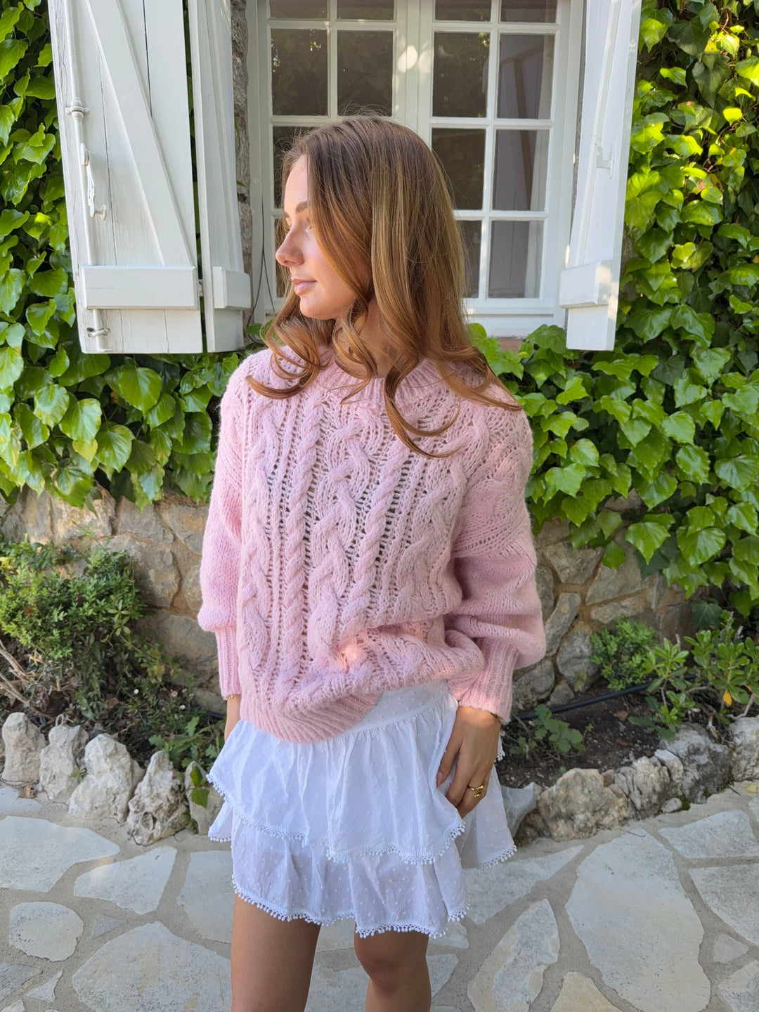 Rafa | Women’s cable knit sweater with balloon sleeves and ribbed hem