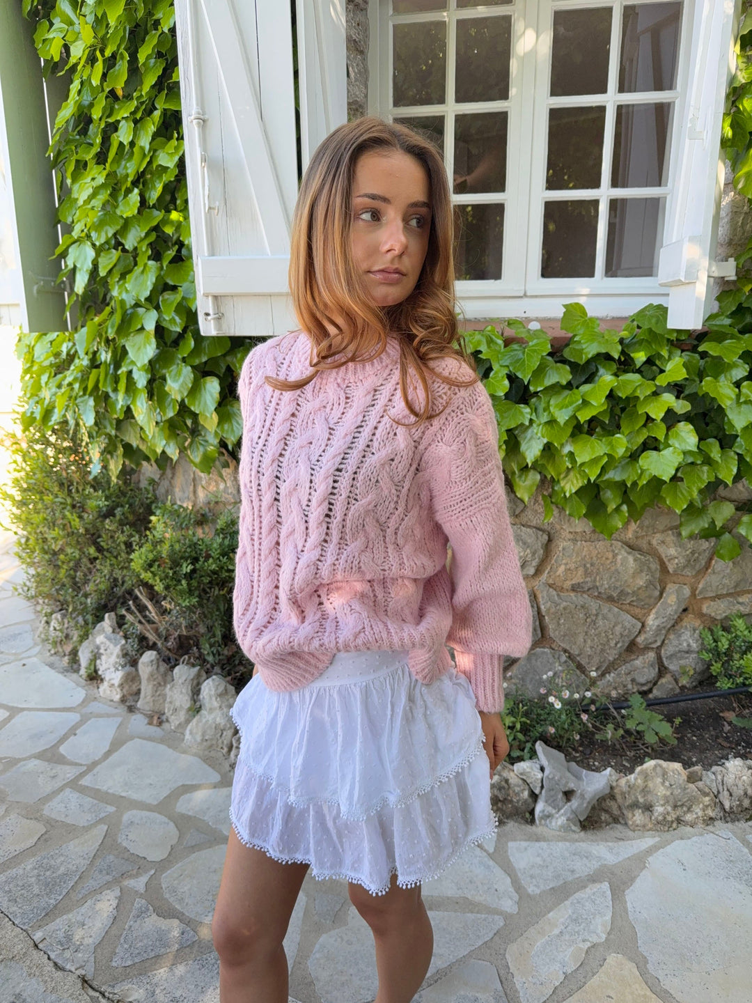 Rafa | Women’s cable knit sweater with balloon sleeves and ribbed hem