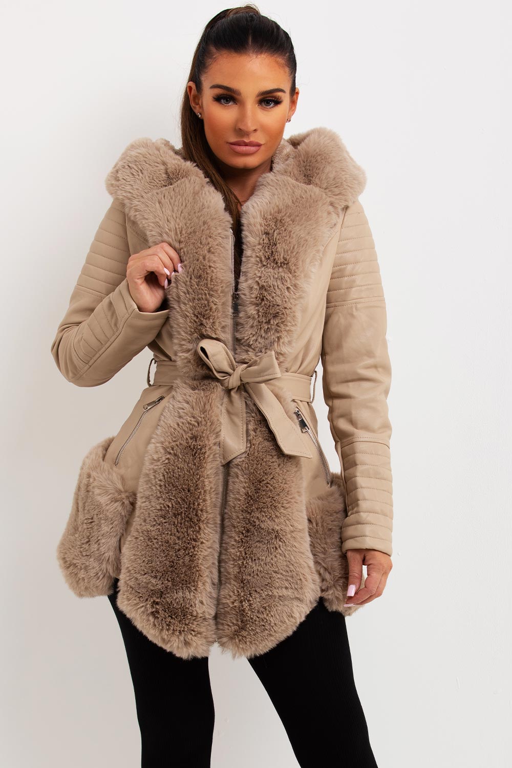 Salem | Women’s faux leather faux fur hooded jacket with wait belt